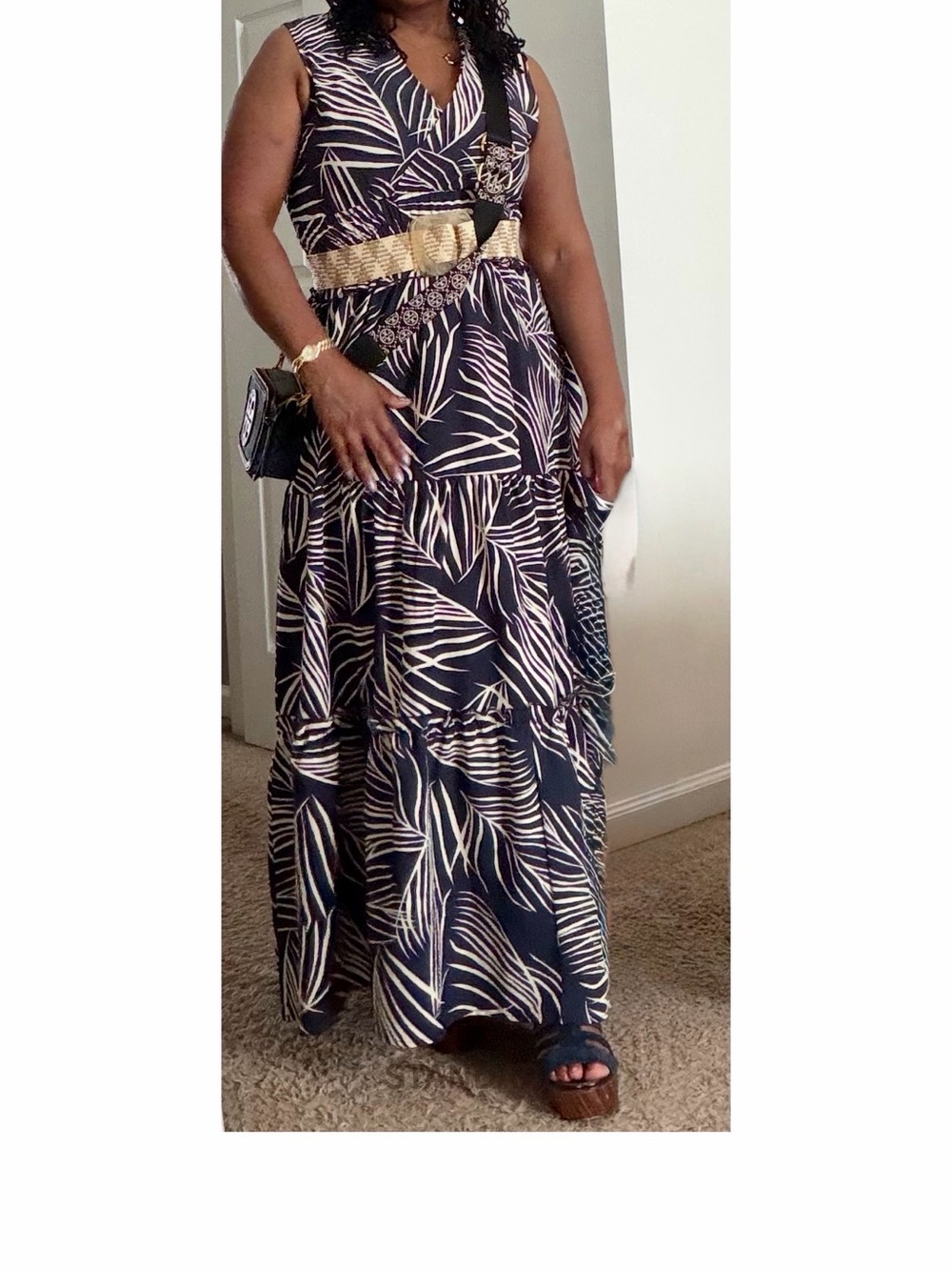 Navy Blue and White Leaf-Print Maxi Dress with Elastic Waist. Belt not included.
